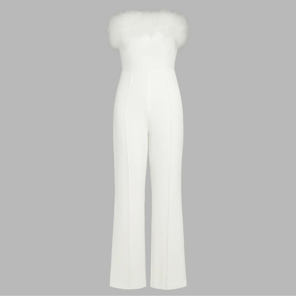 Cider White Bridal Shower Strapless Tube Feather Wide Leg Romper Jumpsuit XL Y2K